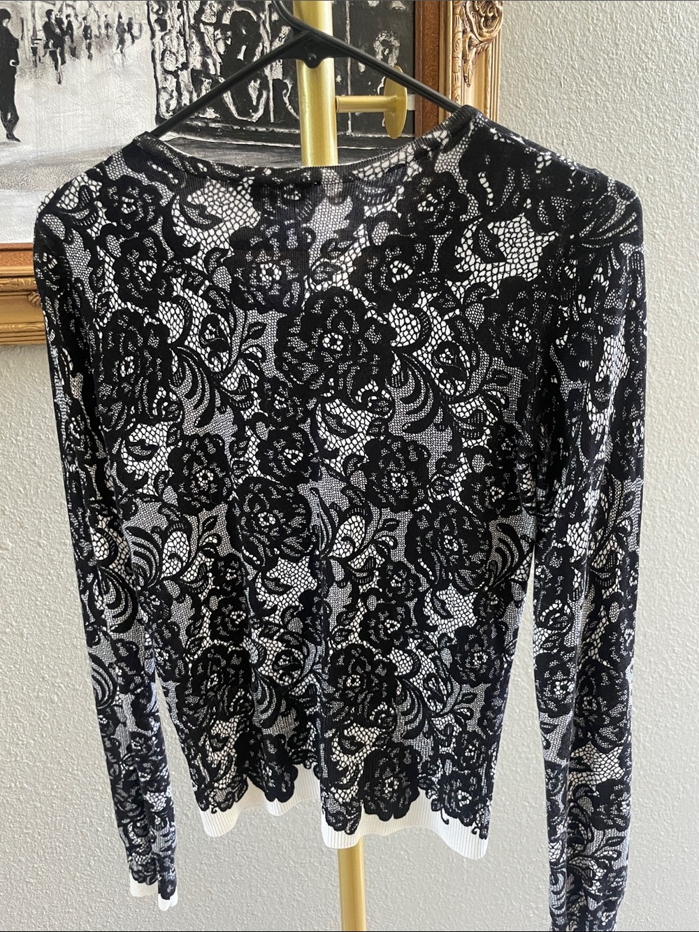 White House Black Market Black & White Lace-Overlay Button Front Top - Picture 10 of 10